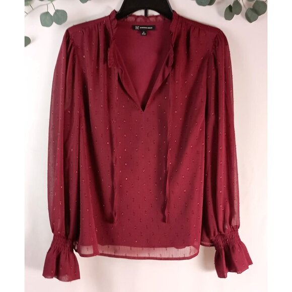 INC Milan Kiss Ruffled Cuff Blouse Bordeaux Size M Long Sleeve Excellent - Picture 1 of 6